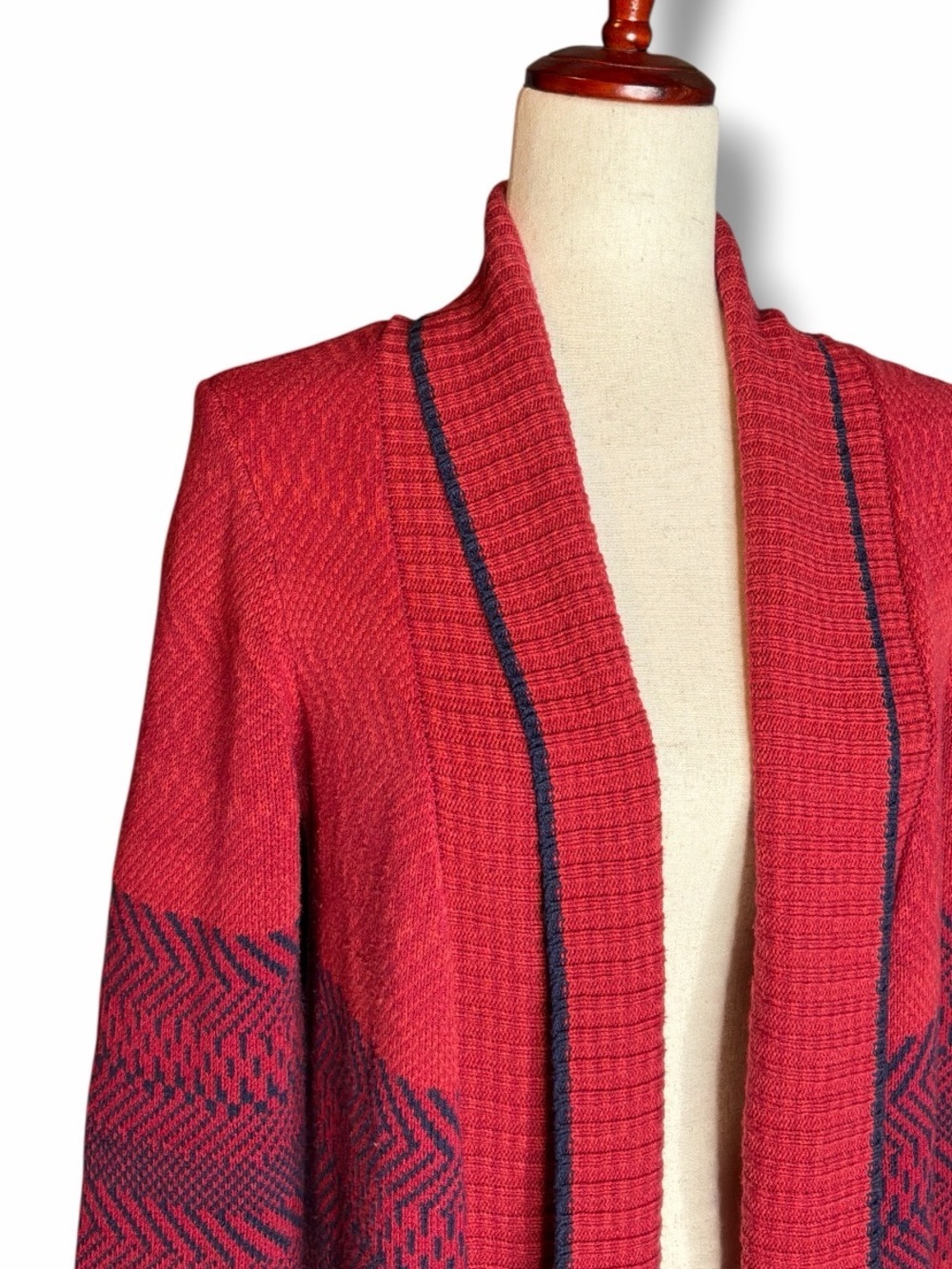 CAbi Red Patterned Long Shawl Collar OpenFront Cardigan Size XSmall